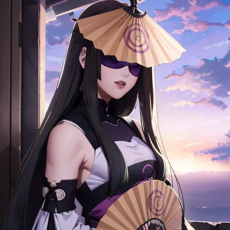 masterpiece, best quality, looking at viewer, smile
<lora:amenouzume-smt-richy-v1:1> amenouzume, covered eyes, japanese clothes, detached sleeves, folding fan, purple lips, black hair
<lora:FE3H S Rank:1> cloud, sky, sunset
