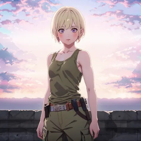 <lora:FE3H S Rank:1>, cloud, sky, sunset, standing, cowboy shot,1girl,standing,(very short hair),small breasts,(pixie cut:1.2),blonde hair,purple eyes,(olive tank top:1.2), cargo pants,(utility belt),happy,blush,