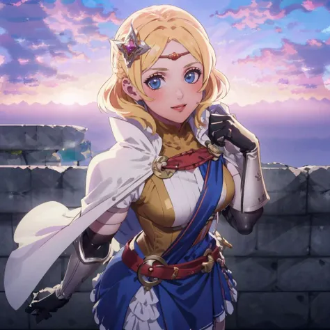 masterpiece, best quality, cloud, sky, sunset, cowboy shot, standing, looking at viewer, <lora:FE3H S Rank:1>   <lora:lianna-nvwls-v1-final:0.9> lianna, hair ornament, circlet, cape, armored dress, elbow gloves, blue skirt, from above, smile, blushing