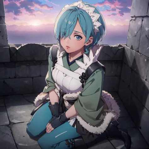 masterpiece, best quality, cloud, sky, sunset, cowboy shot, standing, looking at viewer, <lora:FE3H S Rank:1>   <lora:setsuna-nvwls-v1-final:0.8> setsuna, hair over one eye, maid headdress, japanese clothes, fingerless gloves, fur trim, blue leggings, boots, wariza, from above, sitting on the ground, confused, tired