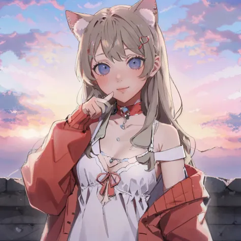 (masterpiece, best quality:1.2), cloud, sky, sunset, solo, 1girl, sakurai hana, smile, looking at viewer, hair ornament, cat ears, red cardigan, off shoulder, white dress, choker <lora:FE3H S Rank:1.0> <lora:vtuber_sakurai:1.0>