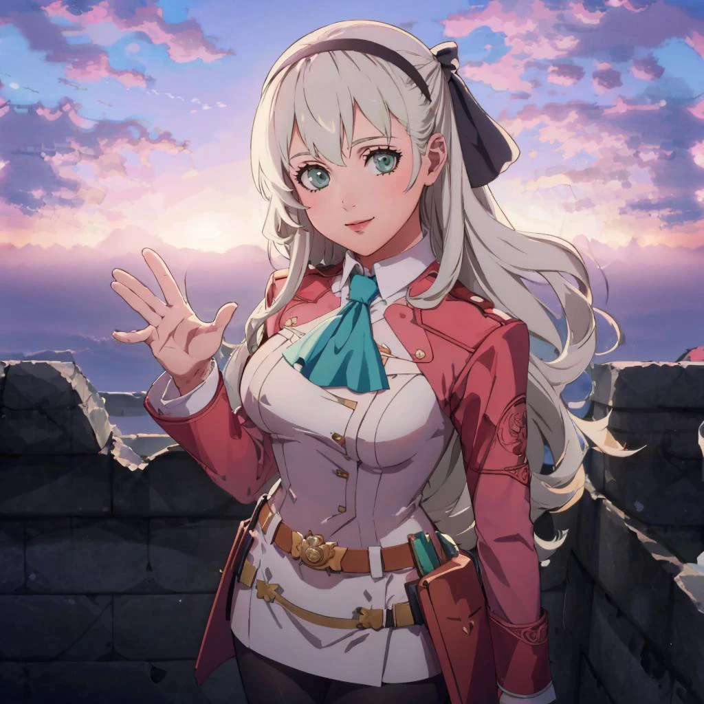 masterpiece, best quality, cloud, sky, sunset, cowboy shot, standing, looking at viewer, <lora:FE3H S Rank:1> <lora:elie-nvwls-v2-zero:0.8> elie macdowell, green eyes, hairband, blue ascot, hair ribbon, long sleeves, belt, pantyhose, smile, from above, waving