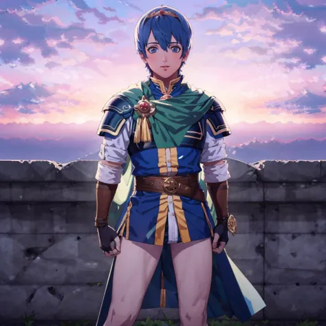 masterpiece, best quality, cloud, sky, sunset, whole body, (no pants:1.4), standing, male focus, man, blushing, looking at viewer, smile <lora:FE3H S Rank:1> <lora:marth-nvwls-v1-final:0.9> marth, tiara, cape, armor, blue tunic, fingerless gloves, belt
