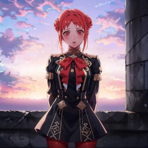 masterpiece, best quality, cloud, sky, sunset, cowboy shot, standing, looking at viewer, <lora:FE3H S Rank:1> <lora:monica-nvwls-v1-final:0.9> feMonica, hair bun, braid, black jacket, red bow, black skirt, red pantyhose, arms behind back, shy, blushing