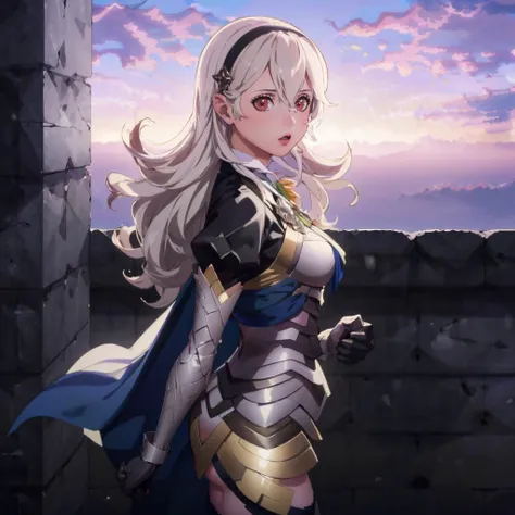 masterpiece, best quality, cloud, sky, sunset, cowboy shot, standing, looking at viewer, <lora:FE3H S Rank:1>  <lora:corrin-nvwls-v2-final:0.9> defCorrin, black hairband, armored dress, blue cape, juliet sleeves, vambraces, black gloves, surprised, from above, from side