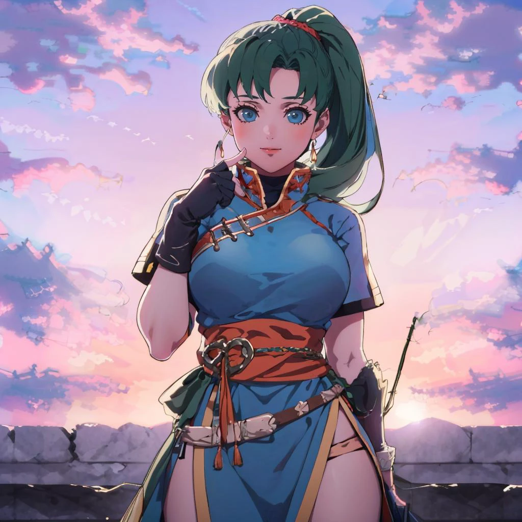masterpiece, best quality, cloud, sky, sunset, cowboy shot, standing, looking at viewer, <lora:FE3H S Rank:1> <lora:lyn-nvwls-v1-final:0.8> defaultLyn, blue dress, pelvic curtain, sash, fingerless gloves, hand up, smile, closed mouth, huge breasts