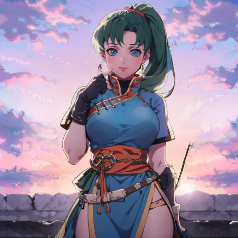 masterpiece, best quality, cloud, sky, sunset, cowboy shot, standing, looking at viewer, <lora:FE3H S Rank:1>  <lora:lyn-nvwls-v1-final:0.8> defaultLyn, blue dress, pelvic curtain, sash, fingerless gloves, hand up, smile, closed mouth, huge breasts