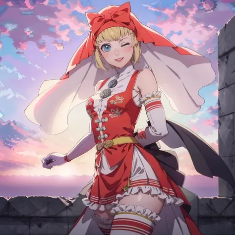 Masterpiece, best quality, 1girl, looking at viewer, smile, <lora:FE3H S Rank:1>, cloud, sky, sunset, standing, upper body,   <lora:Idun:1>, red dress, veil, bow, white thigh-highs, gloves, hands behind back, one eye closed