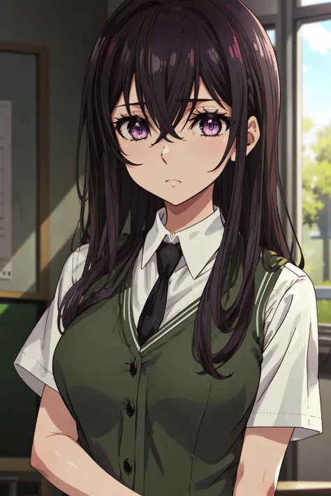 masterpiece,best quality,1girl,aihara mei,black hair,long hair,hair between eyes,hair over breasts,purple eyes,expressionless,school uniform,dress shirt,green vest,short sleeves,black necktie,brown checkered skirt,green socks,<lora:aiharamei:0.7>,