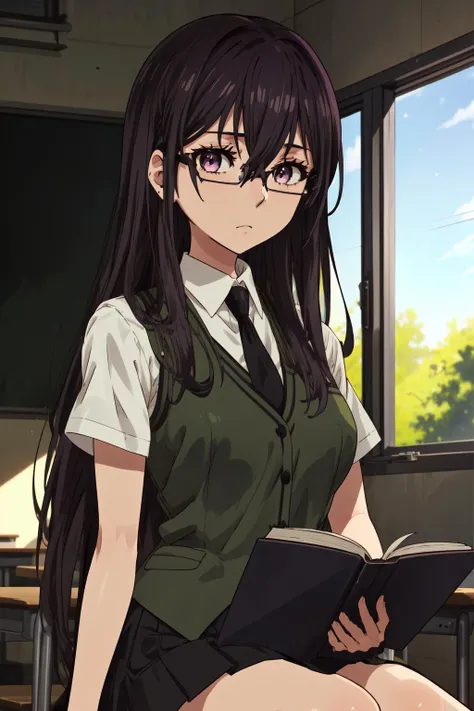 masterpiece,best quality,1girl,aihara mei,black hair,long hair,hair between eyes,hair over breasts,purple eyes,glasses,expressionless,school uniform,dress shirt,green vest,short sleeves,black necktie,sitting,dignified,(reading),book,classroom,<lora:aiharamei:0.7>,