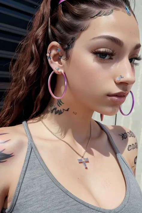 <lora:bh4d_bh4bie:1>, bh4d bh4bie, 1girl, solo, long hair, breasts, looking at viewer, large breasts, brown hair, shirt, perfect eyes, seductive eyes, look at viewer, cleavage, brown eyes, jewelry, upper body, ponytail, red hair, curls, earrings, dark skin, dark-skinned female, lips, clothing cutout, cleavage cutout, hoop earrings, realistic, nose, dress, jewelry, pink hair, bracelet, tattoo, makeup, microphone, realistic, arm tattoo, shoulder tattoo, graffiti
