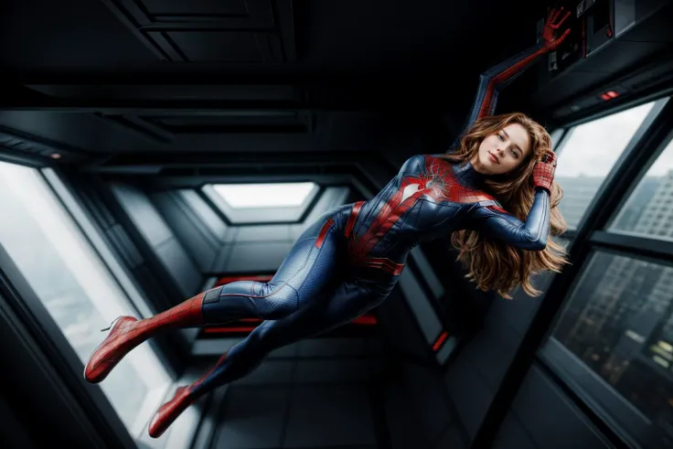 Marvel s,full body,photo of a 18 year old girl,spiderman,happy,floating in the air,in a spaceship,gravityless space,floating hair,blue eyes,ray tracing,detail shadow,shot on Fujifilm X-T4,85mm f1.2,sharp focus,depth of field,blurry background,bokeh,motion blur,<lora:add_detail:1>,