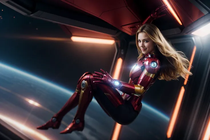 marvel movies,full body,photo of a 18 year old girl,ironman,happy,laughing,floating in the air,in a spaceship,gravityless space,floating hair,ray tracing,detail shadow,shot on Fujifilm X-T4,85mm f1.2,sharp focus,depth of field,blurry background,bokeh,lens flare,motion blur,<lora:add_detail:1>,