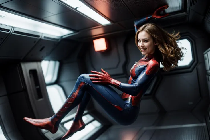 marvel s,full body,photo of a 18 year old girl,spiderman,happy,laughing,floating in the air,in a spaceship,gravityless space,floating hair,ray tracing,detail shadow,shot on Fujifilm X-T4,85mm f1.2,sharp focus,depth of field,blurry background,bokeh,lens flare,motion blur,<lora:add_detail:1>,