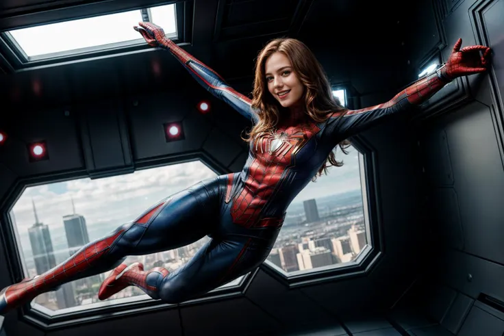 Marvel s,full body,photo of a 18 year old girl,spiderman,floating in the air,in a spaceship,gravityless space,floating hair,happy,laughing,ray tracing,detail shadow,shot on Fujifilm X-T4,85mm f1.2,depth of field,bokeh,motion blur,<lora:add_detail:1>,