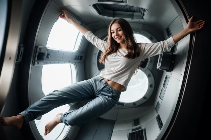 full body,photo of a 18 year old girl,floating in the air,in a spaceship,gravityless space,floating hair,happy,laughing,shirt,pants,ray tracing,detail shadow,shot on Fujifilm X-T4,85mm f1.2,depth of field,bokeh,motion blur,<lora:add_detail:1>,