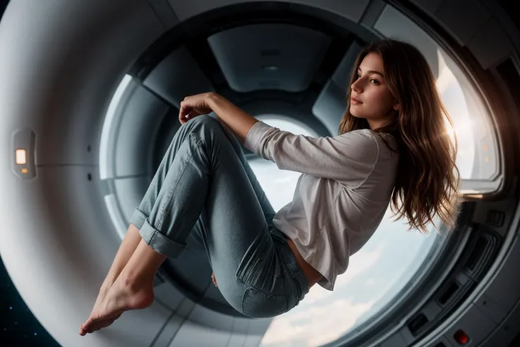 full body,from side,photo of a 18 year old girl,floating in the air,in a spaceship,gravityless space,happy,shirt,pants,ray tracing,detail shadow,shot on Fujifilm X-T4,85mm f1.2,sharp focus,depth of field,blurry background,bokeh,lens flare,motion blur,<lora:add_detail:1>,