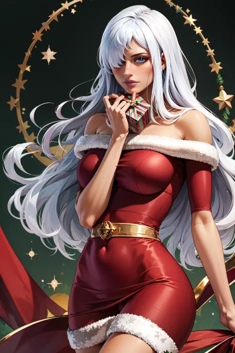1girl, white hair, long hair, hair over one eye, floating hair, blue eyes, realistic, clothes in a christmas red dress, christmas tree background, random pose <lora:CharlotteSmoothie:1> charlottesmoothie