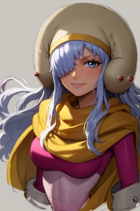 masterpiece, best quality, 1girl, charlottesmoothie, white hair, long hair, blue eyes, hair over one eye, floating hair, helmet, pink leotard, yellow scarf, closeup, smile, looking at viewer, sketch, simple background <lora:CharlotteSmoothie:1>