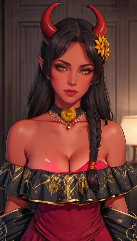 straight-on,pose,looking at viewer,BREAK,
CONCEPT_avanatika_devilwomen_ownwaifu,www.ownwaifu.com,
demon girl,long hair,horns,hair ornament,colored skin,flower,hair flower,breasts,red skin,pointy ears,demon horns,brown hair,yellow eyes,large breasts,side braid,
jewelry,bare shoulders,dress,off shoulder,necklace,choker,cleavage,red dress,off-shoulder dress,embroidered_dress,
<lora:CONCEPT_avanatika_devilwomen_ownwaifu:0.5>, BREAK, official art,extremely detailed CG unity 8k wallpaper, perfect lighting,Colorful, Bright_Front_face_Lighting,shiny skin, (masterpiece:1.0),(best_quality:1.0), ultra high res,4K,ultra-detailed, photography, 8K, HDR, highres, (absurdres:1.2), Kodak portra 400, film grain, blurry background, (bokeh:1.2), lens flare, (vibrant_color:1.2),professional photograph, (beautiful_face:1.5),