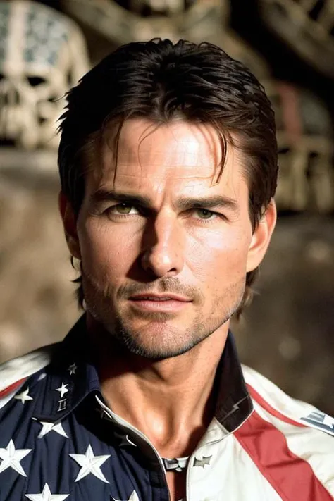 closeup portrait of (ToCru69:1.0) wearing an ((american flag)) in (ancient fire ritual to moloch ((in catacomb with walls of skulls))), elle magazine, (light bokeh), intricate, sharp focus, ((detailed face)), photo by greg rutkowski, (vibrant colors), masterpiece