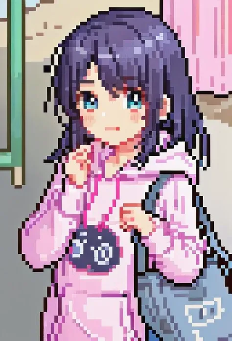 pixel art, 1girl, cute, bust up, light smile, hoodie