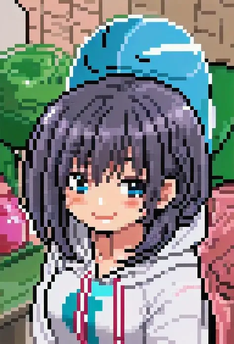 pixel art, 1girl, cute, bust up, light smile, hoodie