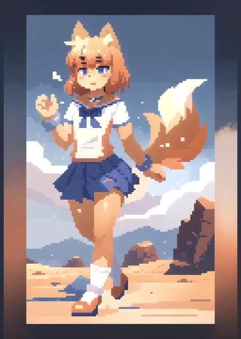 masterpiece, best quality,   firefox-chan, bowtie, school uniform, sailor collar, blue pleated skirt, wrist cuffs, socks, orange shoes, tail,  <lora:firefox-nvwls-v1:0.8>, Beautiful Art Style, 1girl, young woman, pleated skirt, colossal, desert, implied yuri,<lora:64x64v3:1> Pixel art, Isometric,