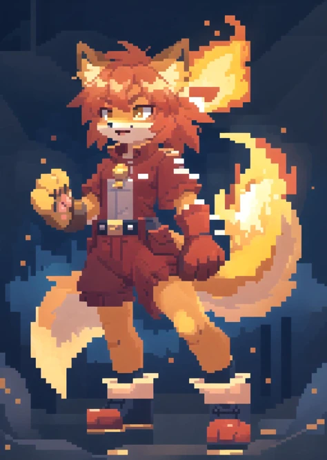 masterpiece, best quality, tamamocat, paw_gloves, paw_shoes, fox_tail, <lora:TamamoCatFateV1:0.8>, Beautiful Art Style, 1girl, young woman, yeoman, thundering, fire, villain pose,<lora:64x64v3:1> Pixel art, Isometric,