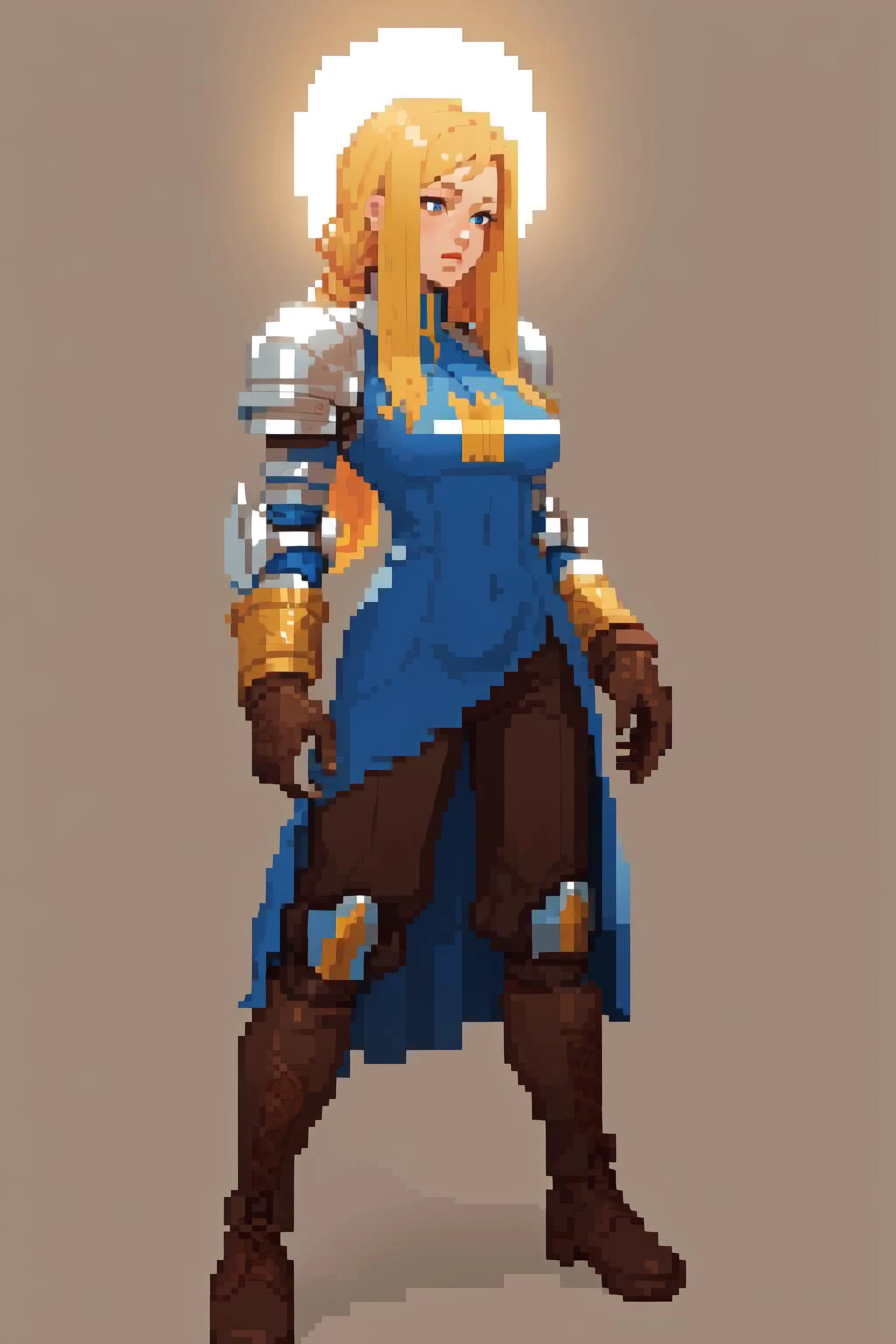 (masterpiece, best quality, absurdres, 4k, aesthetic, detailed, intricate, perfect lighting),simple background,pixel art,1girl,agrias,armor, blue dress, brown gloves, pants, cross-laced boots <lora:agrias-nvwls-v3:0.7> <lora:64x64v2:0.8>