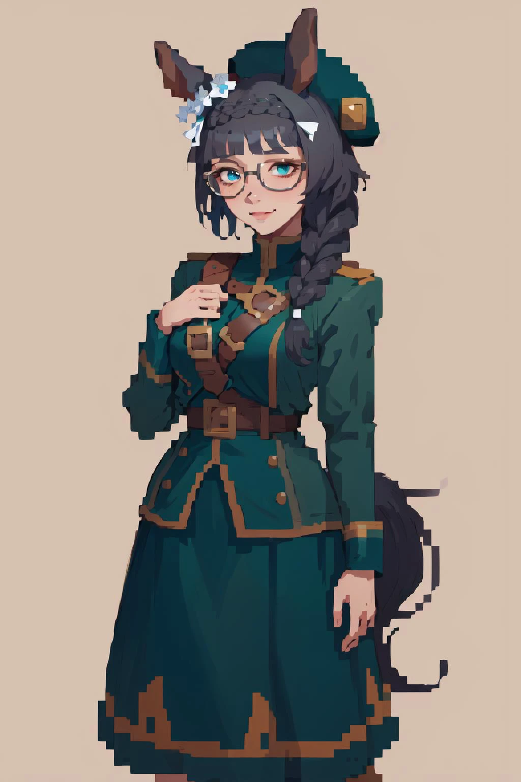 (masterpiece, best quality, absurdres, 4k, aesthetic, detailed, intricate),simple background,1girl, zennorobroy, braid, horse ears, horse tail,beret, glasses, green jacket, long sleeves, green skirt, scarf ,slight smile <lora:umamusume_zennorobroy:0.9> <lora:64x64v2:0.8>