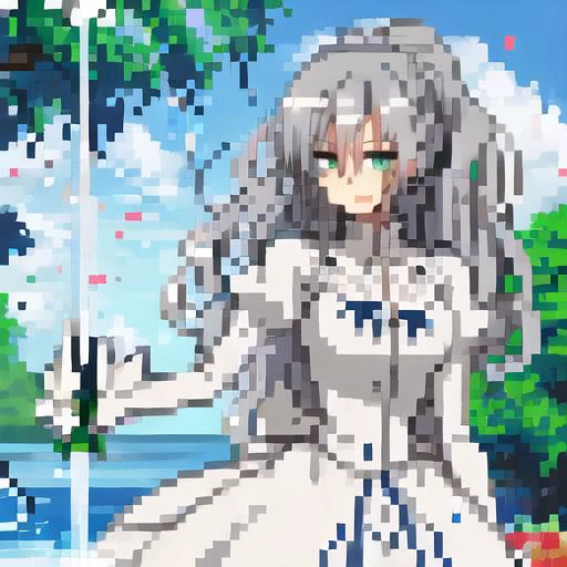 1 girl, Pixel art, Isometric,  <lora:8bitdiffuser 64x:1>,    <lora:Shizuma-09:1> long wavy silver ponytail, green eyes, wearing an elegant wedding dress, holding a bouquet of roses, flower petals falling from the sky, nature background, blue sky, dynamic lighting, beautiful water fountain,  Shizuma, pastel green eyes, gentle smile, pixel art face