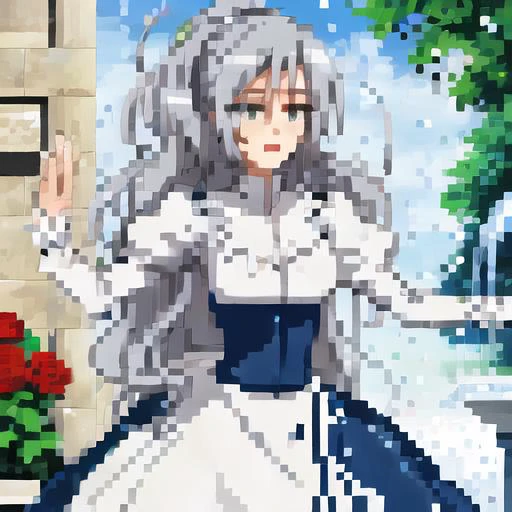 1 girl, Pixel art, Isometric, <lora:8bitdiffuser 64x:1>, <lora:Shizuma-09:1> long wavy silver ponytail, green eyes, wearing an elegant wedding dress, holding a bouquet of roses, flower petals falling from the sky, nature background, blue sky, dynamic lighting, beautiful water fountain, happy