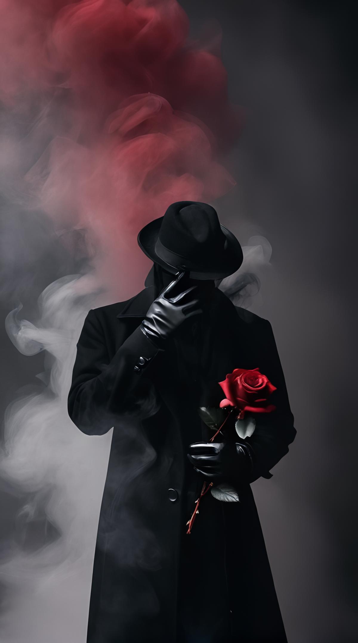 Arafed man in a black coat and hat holding a rose - SeaArt AI
