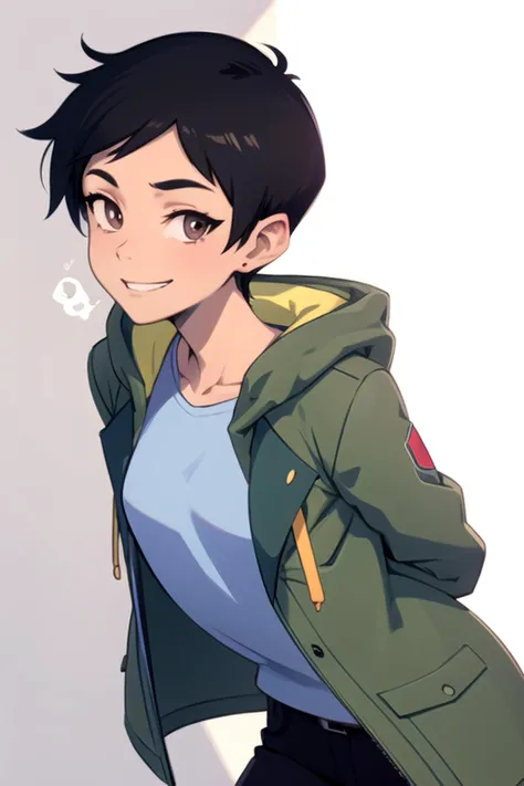 <lora:LoisLane:1> loislanev1, green jacket, smile at viewer, arms behind back, lean forward
