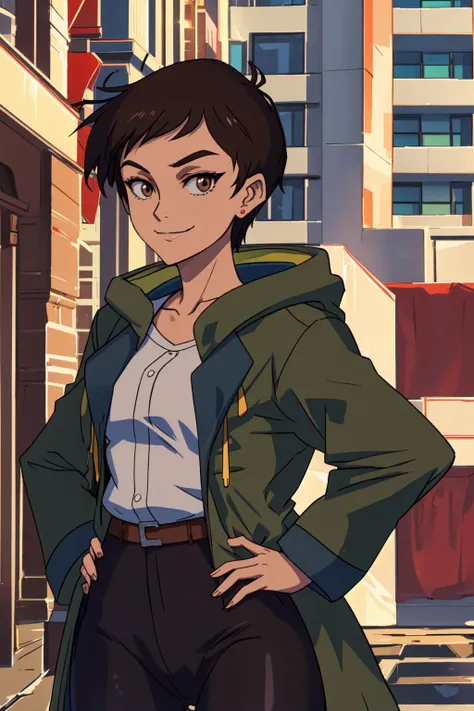 loislanev1, solo, cowboy shot, green coat, black pants, brown eyes, hands on hips, volumetric lighting, smug, smirk, <lyco:LoisLane-step00002400:1.0>