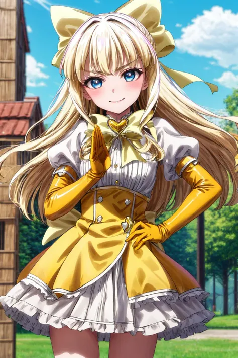 (masterpiece), best quality, (((ultra detailed, 8k quality))), expressive eyes, perfect face, perfect anatomy, perfect body, scene, <lora:scene_:0.7>, <lora:more_details:0.7>, <lora:beautiful_detailed_eyes:0.5>, <lora:GoodHands-vanilla:0.7>,
kaorukotenkawa, <lora:kaoruko tenkawa-lora-nochekaiser:0.8>, kaoruko tenkawa, long hair, blue eyes, blonde hair, bow, hair bow, yellow bow, heart,gloves, dress, heart, elbow gloves, magical girl, yellow gloves, smile, cowboy shot, standing, magical girl salute, park, outdoors