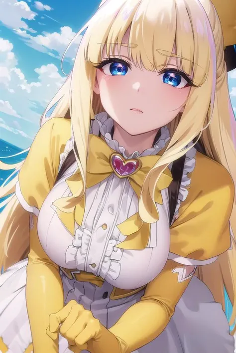 kaorukotenkawa, <lora:kaoruko tenkawa-lora-nochekaiser:1>,
kaoruko tenkawa, long hair, blue eyes, blonde hair, bow, hair bow, yellow bow,
BREAK gloves, dress, heart, elbow gloves, magical girl, yellow gloves,
BREAK outdoors, city, sky, sun, clouds,
BREAK looking at viewer, (cowboy shot:1.5),
BREAK <lyco:GoodHands-beta2:1>, (masterpiece:1.2), best quality, high resolution, unity 8k wallpaper, (illustration:0.8), (beautiful detailed eyes:1.6), extremely detailed face, perfect lighting, extremely detailed CG, (perfect hands, perfect anatomy),