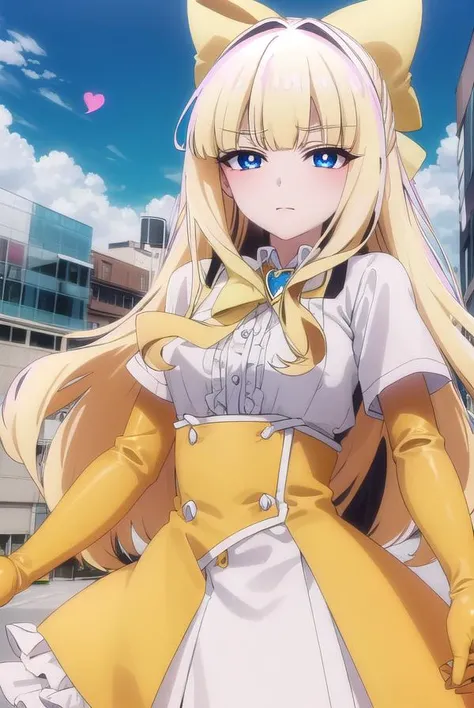 kaorukotenkawa, <lora:kaoruko tenkawa-lora-nochekaiser:1>,
kaoruko tenkawa, long hair, blue eyes, blonde hair, bow, hair bow, yellow bow,
BREAK gloves, dress, heart, elbow gloves, magical girl, yellow gloves,
BREAK outdoors, city, sky, sun, clouds,
BREAK looking at viewer, (cowboy shot:1.5),
BREAK <lyco:GoodHands-beta2:1>, (masterpiece:1.2), best quality, high resolution, unity 8k wallpaper, (illustration:0.8), (beautiful detailed eyes:1.6), extremely detailed face, perfect lighting, extremely detailed CG, (perfect hands, perfect anatomy),