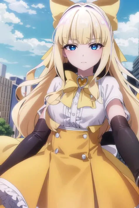 kaorukotenkawa, <lora:kaoruko tenkawa-lora-nochekaiser:1>,
kaoruko tenkawa, long hair, blue eyes, blonde hair, bow, hair bow, yellow bow,
BREAK gloves, dress, heart, elbow gloves, magical girl, yellow gloves,
BREAK outdoors, city, sky, sun, clouds,
BREAK looking at viewer, (cowboy shot:1.5),
BREAK <lyco:GoodHands-beta2:1>, (masterpiece:1.2), best quality, high resolution, unity 8k wallpaper, (illustration:0.8), (beautiful detailed eyes:1.6), extremely detailed face, perfect lighting, extremely detailed CG, (perfect hands, perfect anatomy),
