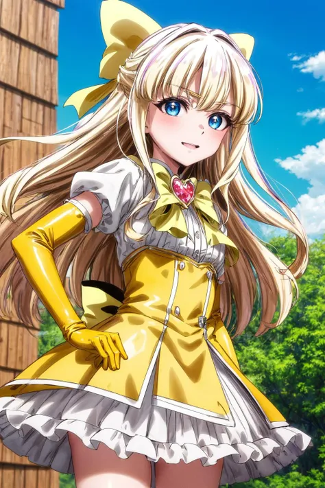 (masterpiece), best quality, (((ultra detailed, 8k quality))), expressive eyes, perfect face, perfect anatomy, perfect body, scene, <lora:scene_:0.7>,  <lora:more_details:0.7>, <lora:beautiful_detailed_eyes:0.5>,  <lora:GoodHands-vanilla:0.7>,
kaorukotenkawa, <lora:kaoruko tenkawa-lora-nochekaiser:0.8>, kaoruko tenkawa, long hair, blue eyes, blonde hair, bow, hair bow, yellow bow, heart,gloves, dress, heart, elbow gloves, magical girl, yellow gloves, smile, cowboy shot, standing, magical girl salute, park, outdoors