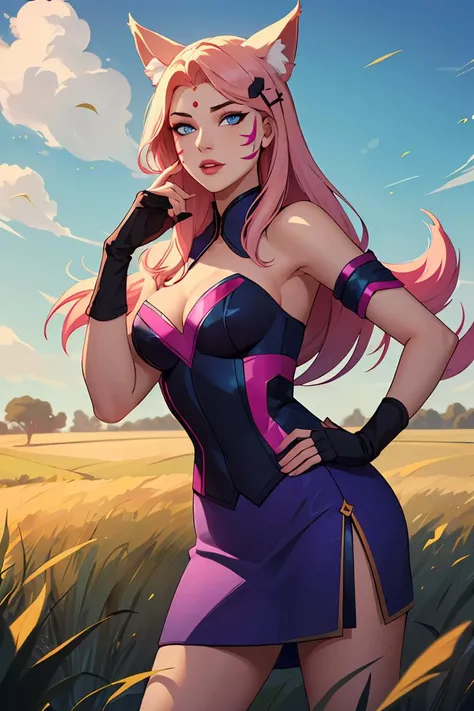 (field, grass, sky:1.5), high detailed, 8k, highres, (k/da all out ahri), ahri \(league of legends\), league of legends, 1girl, k/da (league of legends), animal ears, solo, fox ears, long hair, blonde hair, hand on hip, blue eyes, idol, facial mark, looking at viewer, gloves, pink hair, fingerless gloves, whisker markings, breasts, makeup, lips, skirt, hair ornament , <lora:kda_all_out_ahri-000035:0.8>, <lora:GoodHands-beta2:1>