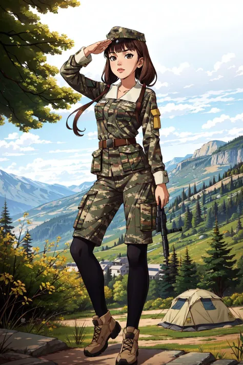 (masterpiece, best quality), intricate details,
1girl, <lora:iino_miko_v1:0.8> bbmiko, long hair, low twintails, blunt bangs,
standing, salute, military base, <lora:Army uniform By Stable yogi:0.8> wearing army camouflage uniform, cap, camp