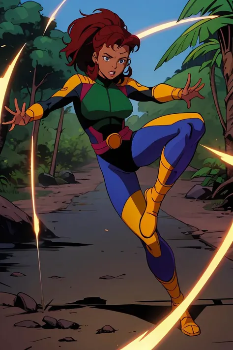 xmtas1992, cartoon, flat colors, 1girl, action pose, x-men, jungle, spandex, <lora:xmtas1992:0.8>