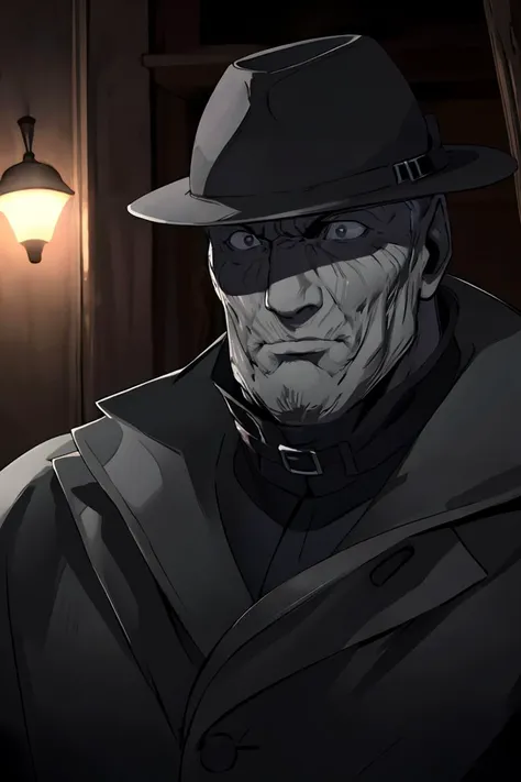 best quality, RAW photo, intricate details, best quality, 8k uhd, soft lighting, 1boy, solo, bald, hat, beard, old man, black coat, grey eyes, <lora:mr._x-000003:0.7>,