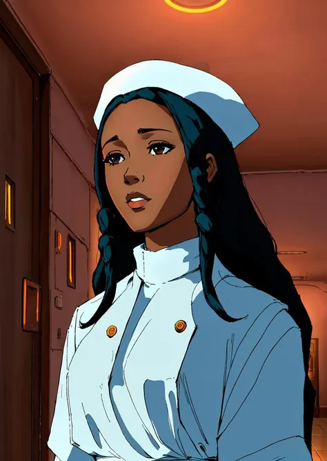 an african woman with long black dreadlocks wearing a white nurse cap, colored lights, cinematic, <lora:nursecap:1>