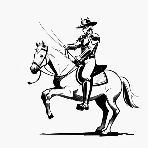 minima2023, centred, black and white illustration, sketch, white background, negative space, line art, simple drawing, cartoon knight, 1 man, horseback riding,