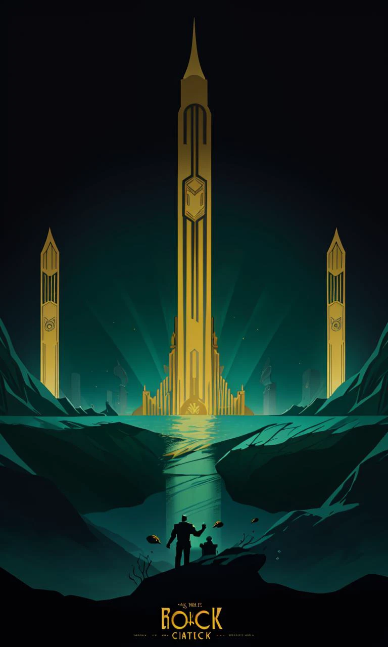 BioshockARTDECO, poster, simplistic, art deco, vibrant color, intricate, 8k, uhd, best quality, negative space, high quality illustration, underwater city, perspective, green, blue, gold, masterpiece, cinematic lighting