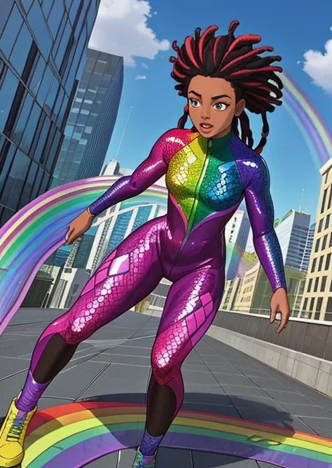 full shot, action scene, dynamic perspective, shy dark skinned woman with short (multicolored:1.3) dreadlocks, wearing an iridescent (rainbow:1.3) (snake scale:1.1) body suit, iridescent rainbow colors, on city rooftop