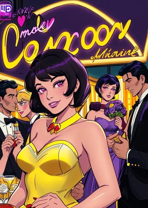 full shot, a romance_comics_cover MarSa4TTXV1B with short black hair wearing strapless (yellow:1.3) prom dress, at a cocktail party, surrounded by men in tuxedos, evil smile, (glowing purple eyes:1.3), supervillain, crowd in formal wear in background, ballroom, elegant, <lora:romance_comics_cover:1>